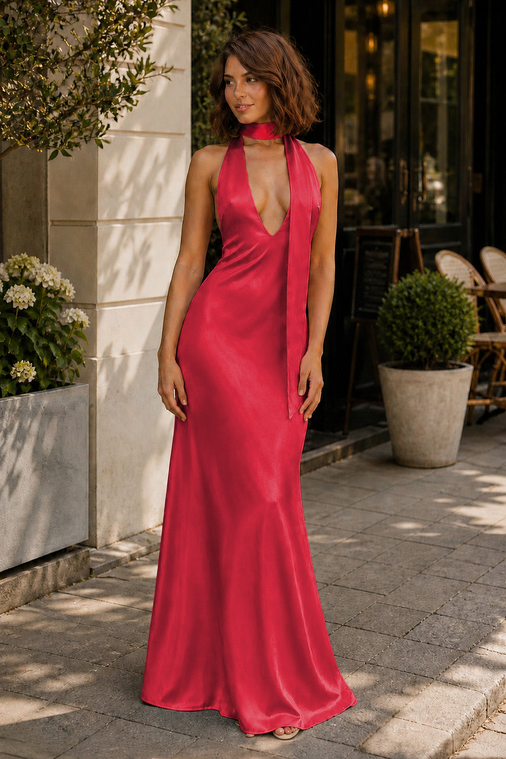 Yellow - Halter Deep V Neck Satin Sheath Backless Long Prom Dresses