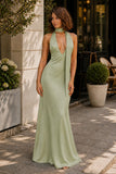 Yellow - Halter Deep V Neck Satin Sheath Backless Long Prom Dresses
