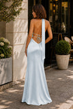 Yellow - Halter Deep V Neck Satin Sheath Backless Long Prom Dresses