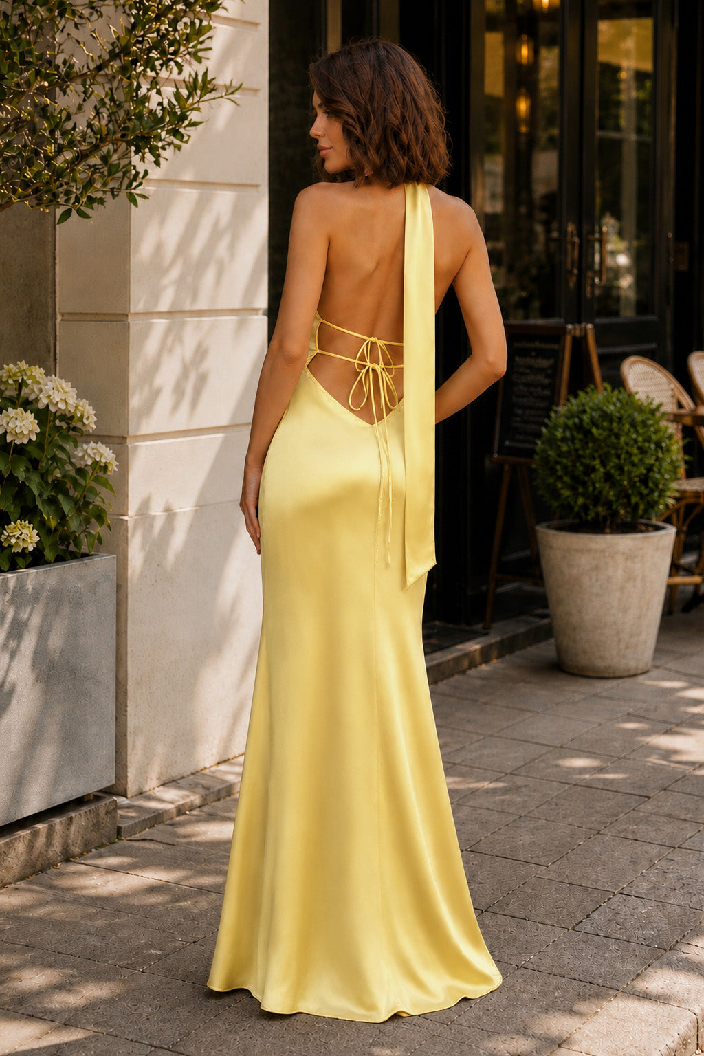 Yellow - Halter Deep V Neck Satin Sheath Backless Long Prom Dresses