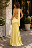 Yellow - Halter Deep V Neck Satin Sheath Backless Long Prom Dresses