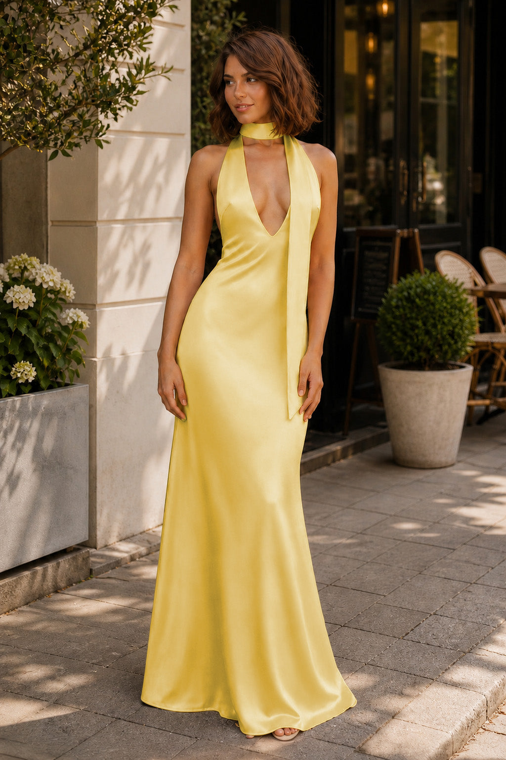Yellow - Halter Deep V Neck Satin Sheath Backless Long Prom Dresses