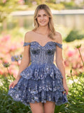 Navy Blue A-Line Sweetheart Tiered Short Homecoming & Cocktail Dresses