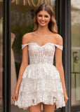 White - A-Line Sweetheart Tiered Short Homecoming & Cocktail Dresses