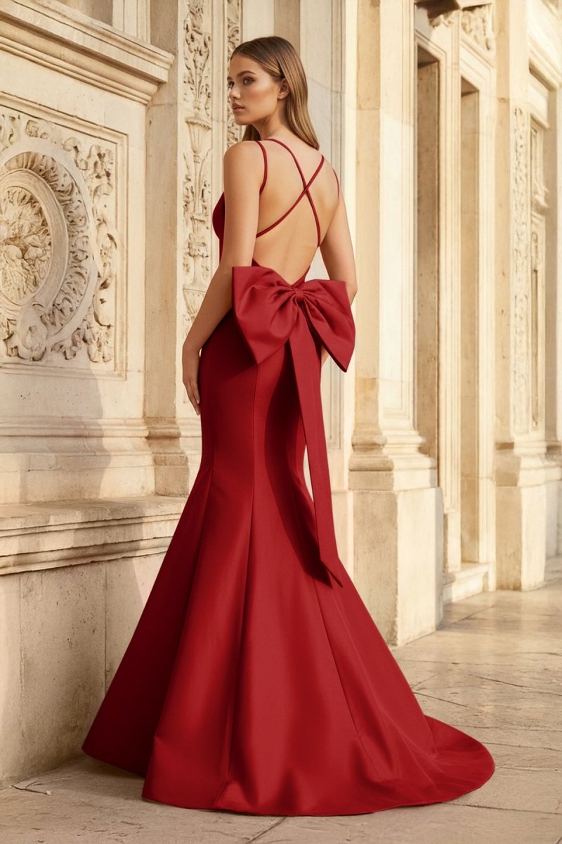 Hot Pink Spaghetti Straps Bow-Back Trumpet Long Gown