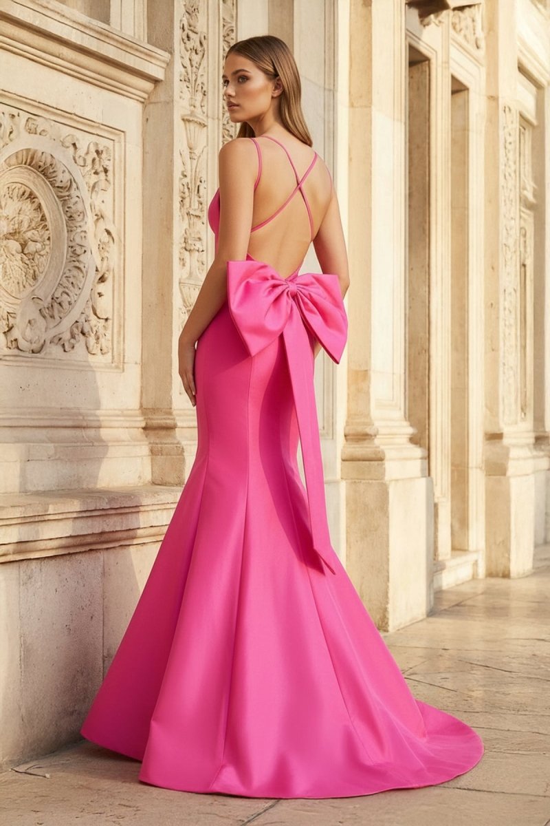Hot Pink Spaghetti Straps Bow-Back Trumpet Long Gown
