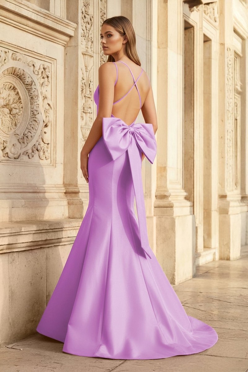 Hot Pink Spaghetti Straps Bow-Back Trumpet Long Gown