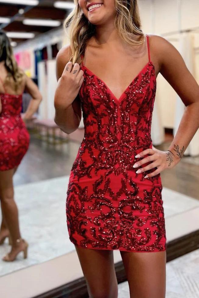 Royal Blue V Neck Bodycon Mini Party Dresses with Sequins Appliques