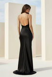 Black Spaghetti Straps Mermaid Satin Backless Prom Dresses With Beading
