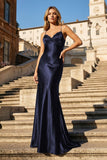 Black Spaghetti Straps Mermaid Satin Backless Prom Dresses With Beading