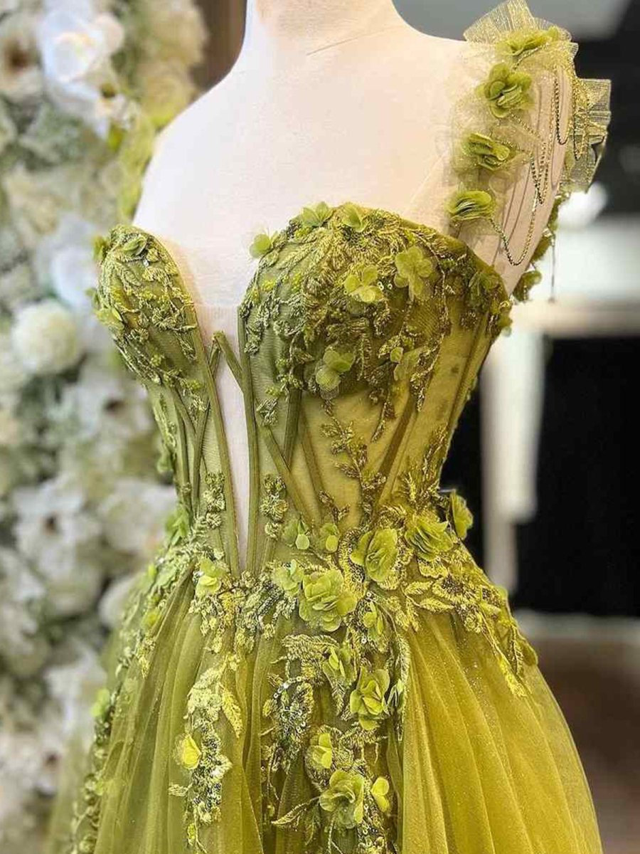 A-Line Olive Spaghetti Straps Tulle Long Prom Dresses with Lace Appliques