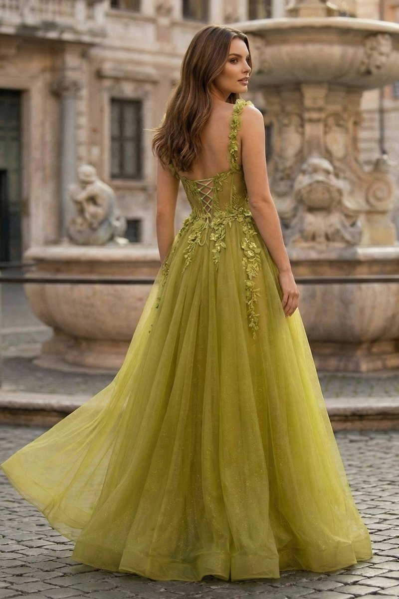 A-Line Olive Spaghetti Straps Tulle Long Prom Dresses with Lace Appliques