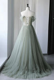 Princess Off the Shoulder Embroidering Tulle Sage Ball Gown