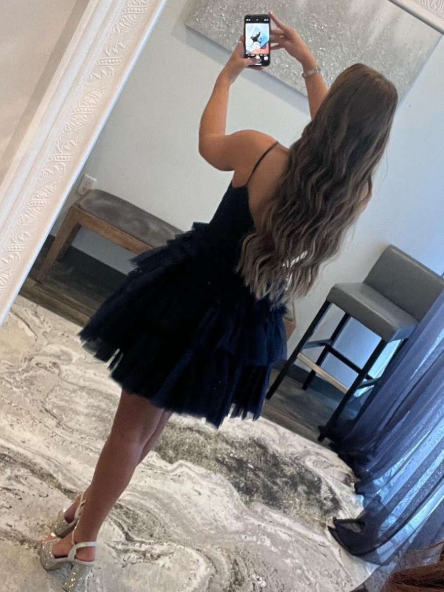 A-Line Deep V Neck Tiered Short Homecoming Dress