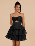 Fuchsia Strapless A Line Chiffon Ruffles Homecoming Dresses With Flower