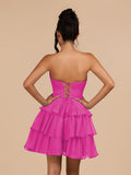 Fuchsia Strapless A Line Chiffon Ruffles Homecoming Dresses With Flower