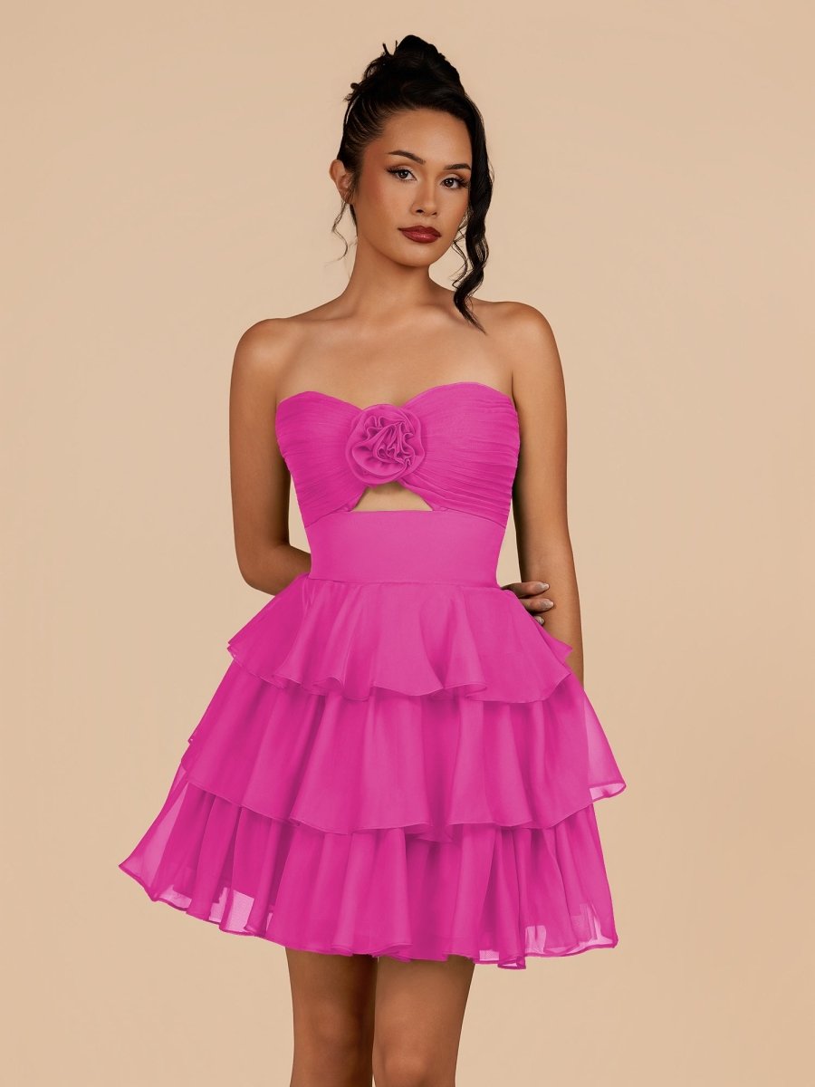 Fuchsia Strapless A Line Chiffon Ruffles Homecoming Dresses With Flower