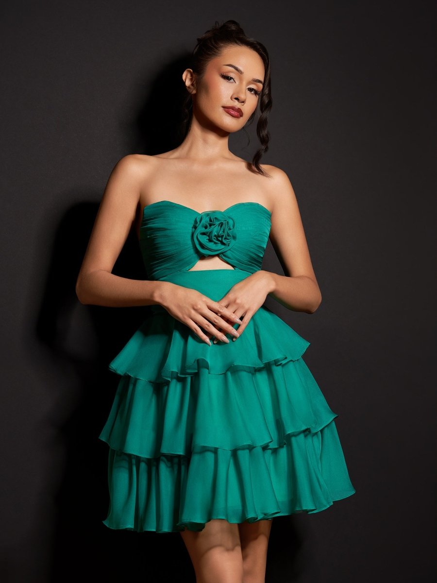 Fuchsia Strapless A Line Chiffon Ruffles Homecoming Dresses With Flower