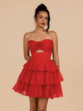 Fuchsia Strapless A Line Chiffon Ruffles Homecoming Dresses With Flower
