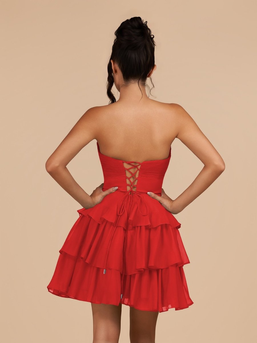 Fuchsia Strapless A Line Chiffon Ruffles Homecoming Dresses With Flower