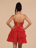Fuchsia Strapless A Line Chiffon Ruffles Homecoming Dresses With Flower