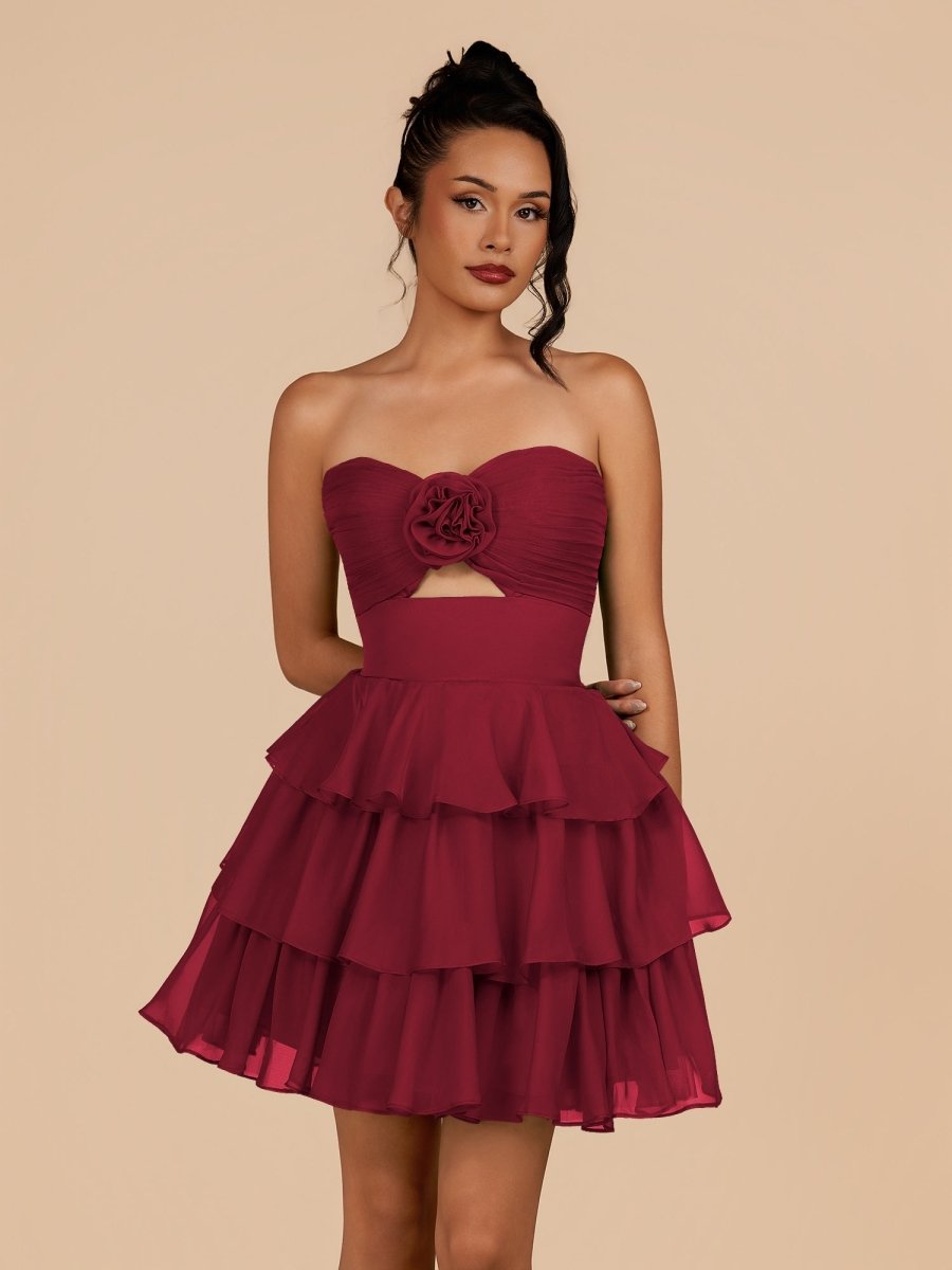 Fuchsia Strapless A Line Chiffon Ruffles Homecoming Dresses With Flower