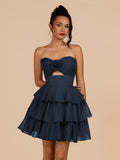 Fuchsia Strapless A Line Chiffon Ruffles Homecoming Dresses With Flower