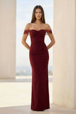 Burgundy Off The Shoulder Mermaid Satin Long Formal Prom Dresses