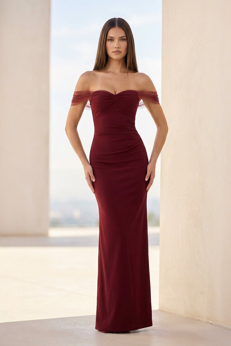 Burgundy Off The Shoulder Mermaid Satin Long Formal Prom Dresses