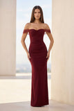 Burgundy Off The Shoulder Mermaid Satin Long Formal Prom Dresses