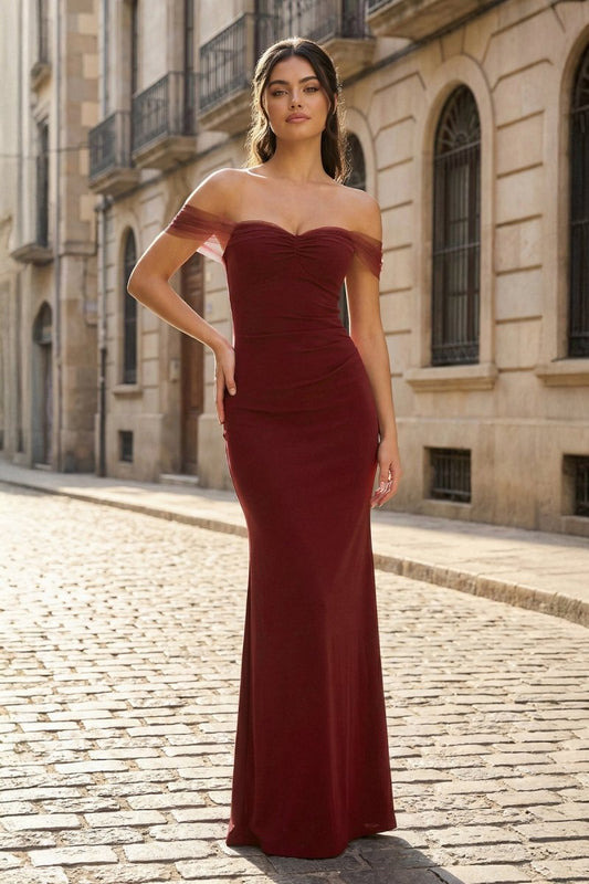 Burgundy Off The Shoulder Mermaid Satin Long Formal Prom Dresses