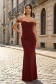 Burgundy Off The Shoulder Mermaid Satin Long Formal Prom Dresses