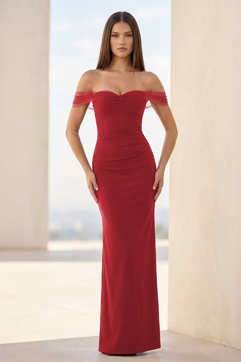 Burgundy Off The Shoulder Mermaid Satin Long Formal Prom Dresses
