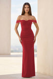 Burgundy Off The Shoulder Mermaid Satin Long Formal Prom Dresses
