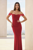 Burgundy Off The Shoulder Mermaid Satin Long Formal Prom Dresses