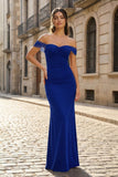 Burgundy Off The Shoulder Mermaid Satin Long Formal Prom Dresses