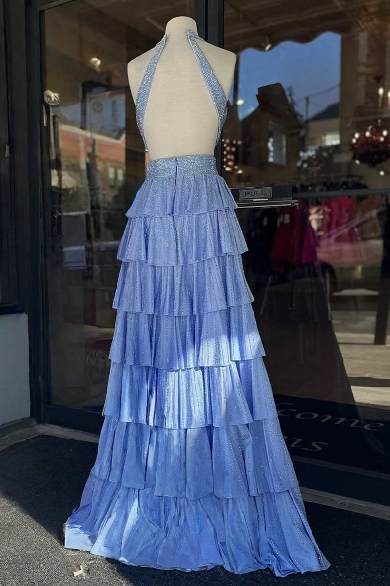 Sky Blue - A-Line Halter Satin Beaded Long Prom Dresses With Ruffles
