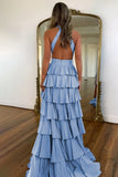Sky Blue - A-Line Halter Satin Beaded Long Prom Dresses With Ruffles