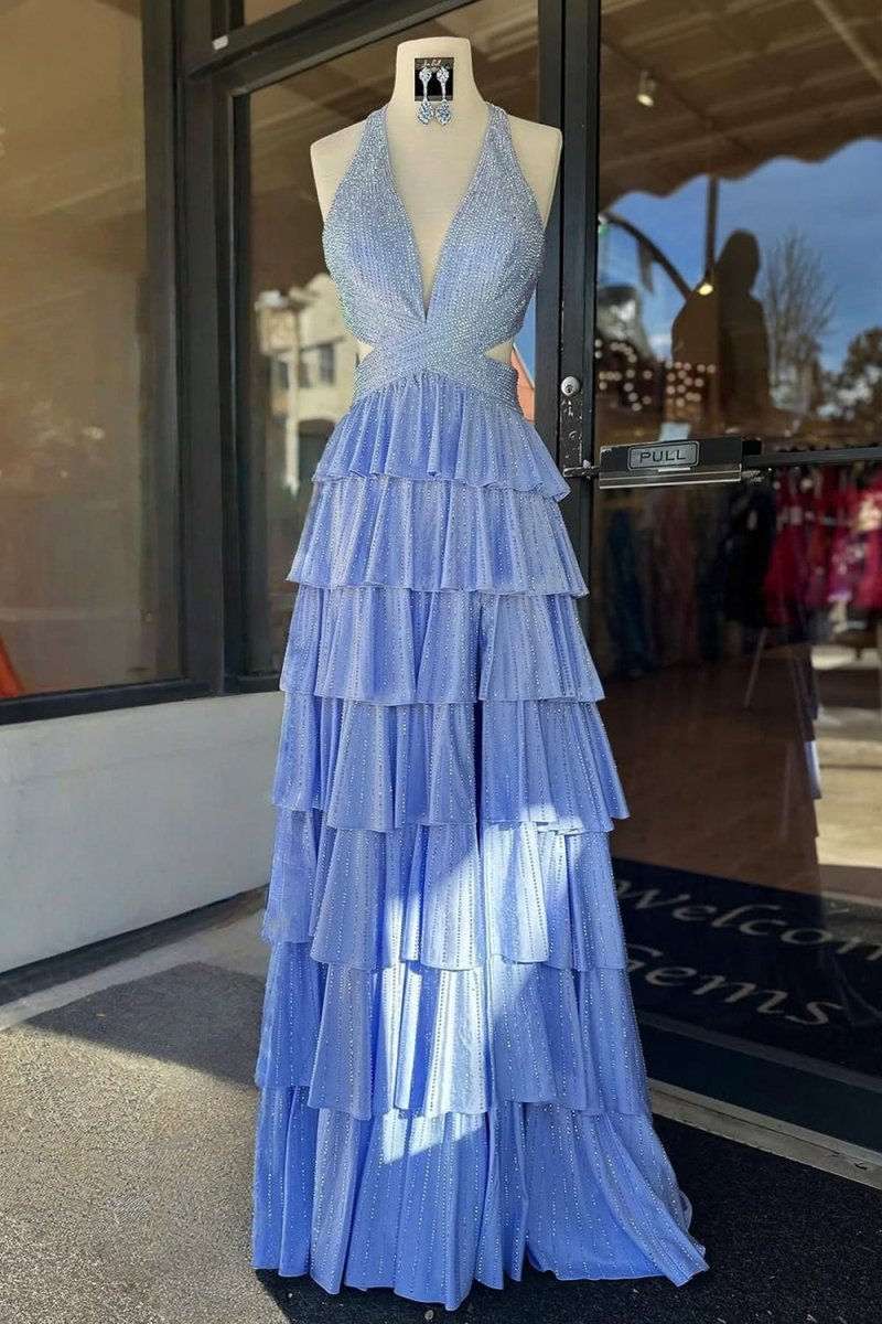 Sky Blue - A-Line Halter Satin Beaded Long Prom Dresses With Ruffles
