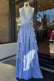 Sky Blue - A-Line Halter Satin Beaded Long Prom Dresses With Ruffles