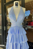 Sky Blue - A-Line Halter Satin Beaded Long Prom Dresses With Ruffles