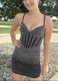 Bodycon V Neck Elastic Satin Short Homecoming Dresses with Beading