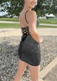 Bodycon V Neck Elastic Satin Short Homecoming Dresses with Beading