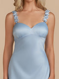 Sky Blue - Sheath Satin V Neck Short Homecoming Dresses with Flower Straps