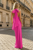 Yellow Halter Sheath Satin Backless Long Prom Dresses