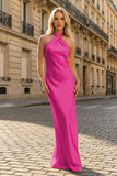 Yellow Halter Sheath Satin Backless Long Prom Dresses