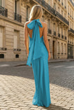 Yellow Halter Sheath Satin Backless Long Prom Dresses