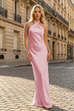 Yellow Halter Sheath Satin Backless Long Prom Dresses