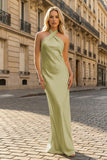 Yellow Halter Sheath Satin Backless Long Prom Dresses