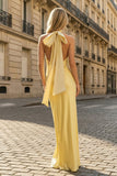 Yellow Halter Sheath Satin Backless Long Prom Dresses